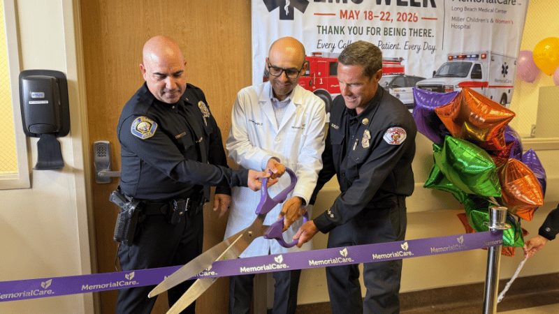 Anthony Arguija, D.O., medical director, Emergency Medicine, MemorialCare Long Beach Medical Center and Miller Children’s & Women’s Hospital, joins Steven Costa, commander of the West Division of the Long Beach Police Department, and James Farley, deputy chief of operations with the Long Beach Fire Department to cut the ribbon celebrating the opening of the new EMS lounge.