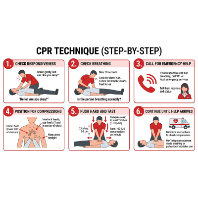 CPR step by step: check for responsiveness, check breathing, call for emergency help, start chest compressions and continue until help arrives. 