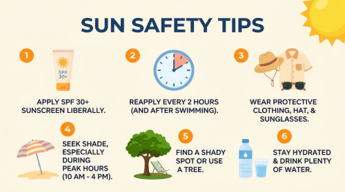Six sun safety tips; apply sunscreen and reapply after two hours, wear protective clothing, seek shade, avoid peak sun hours, and stay hydrated.