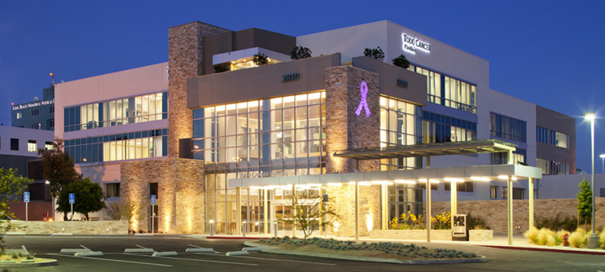 Image of the Long Beach MemorialCare Todd Cancer Pavilion lit up at night