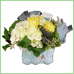 Image of flowers in vase - $40 baby boy bouquet